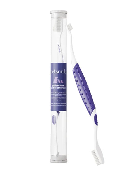 Pet toothbrush with purple handle and white bristles in a transparent tube packaging on a white background.