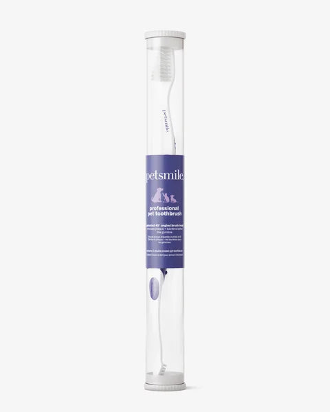 Pet toothbrush in a transparent tube with purple label on a white background