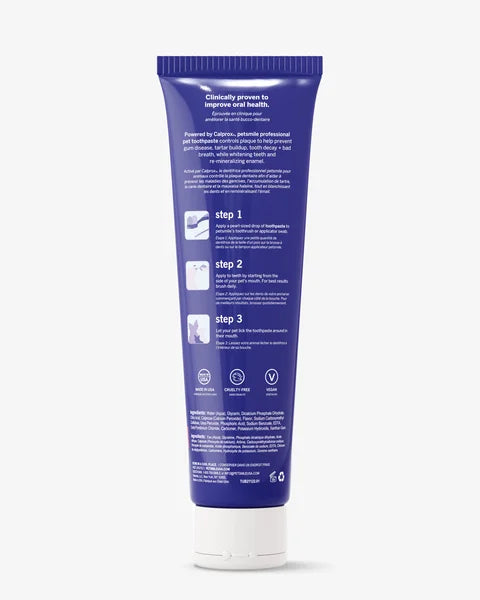 Blue tube of toothpaste with white text on a white background