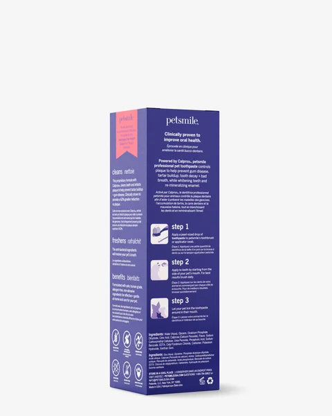Purple packaging box with text and icons on a white background