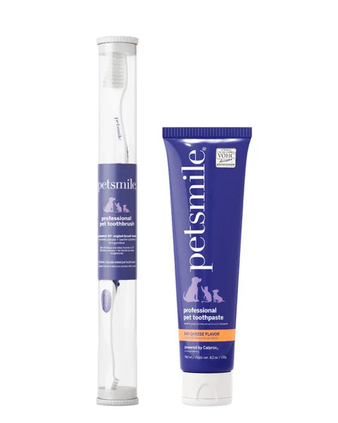 Petsmile pet toothbrush and tube of pet toothpaste on a white background