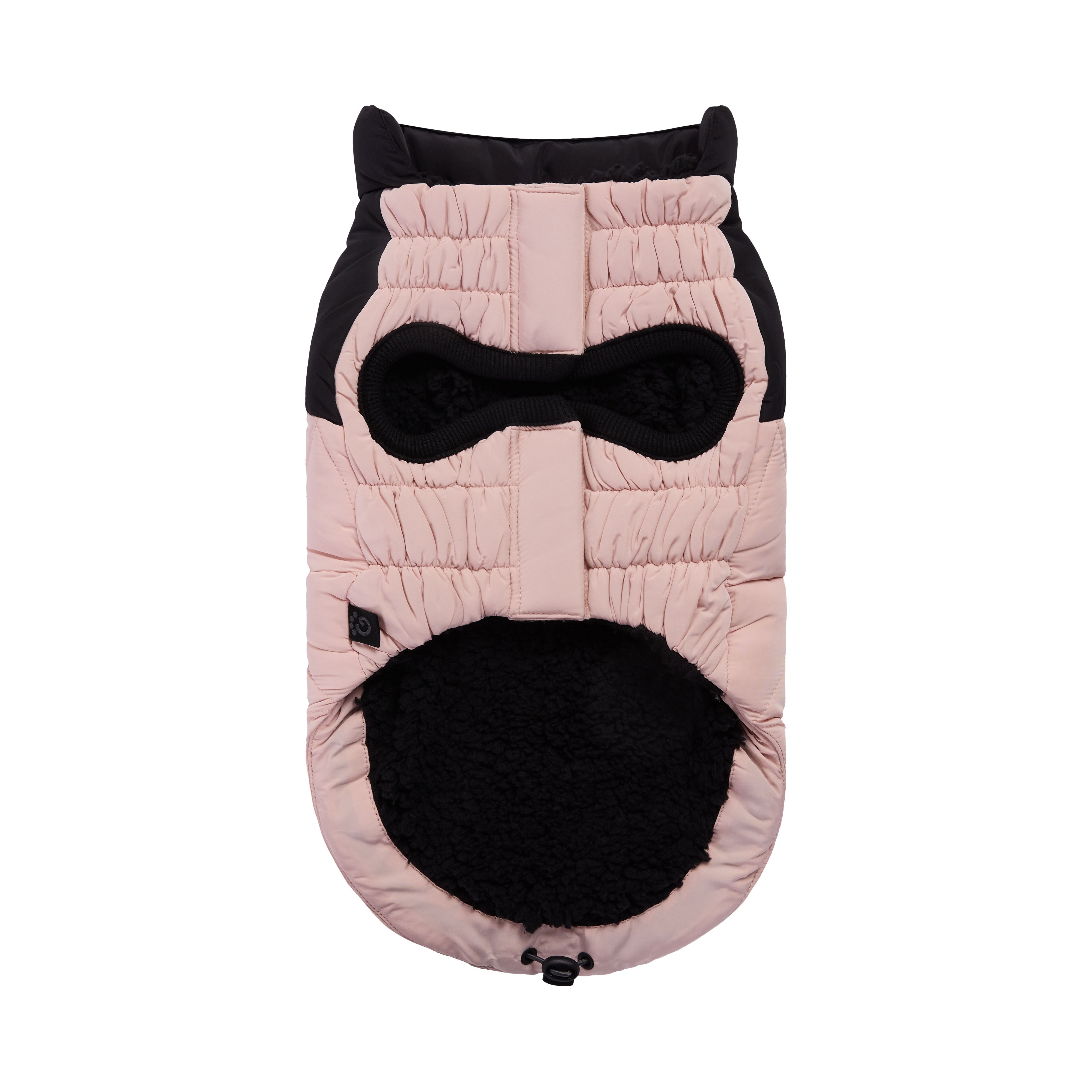 Pink and black quilted dog coat with a bow design on a white background