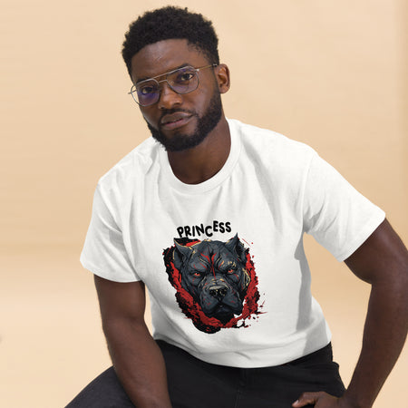 "Princess" Stern-Looking Pit Bull Graphic T-Shirt lifestyle image with man sitting