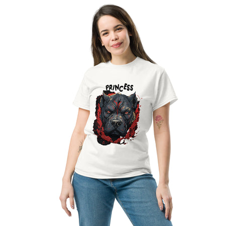 "Princess" Stern-Looking Pit Bull Graphic T-Shirt lifestyle image with woman