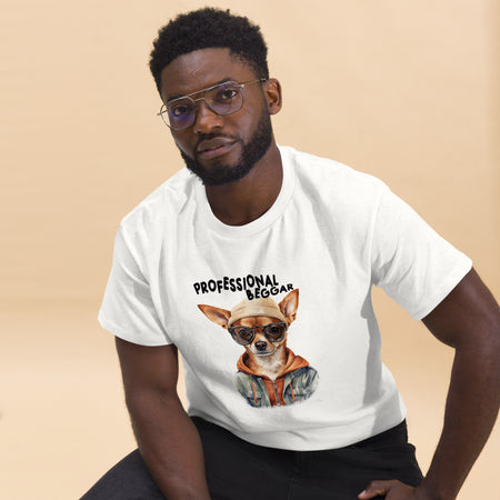 "Professional Beggar" Chihuahua Graphic T-Shirt lifestyle image with man sitting