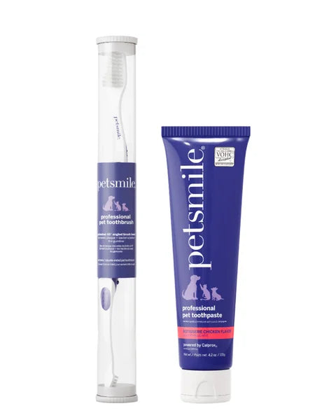 Petsmile pet toothbrush and tube of pet toothpaste on a white background