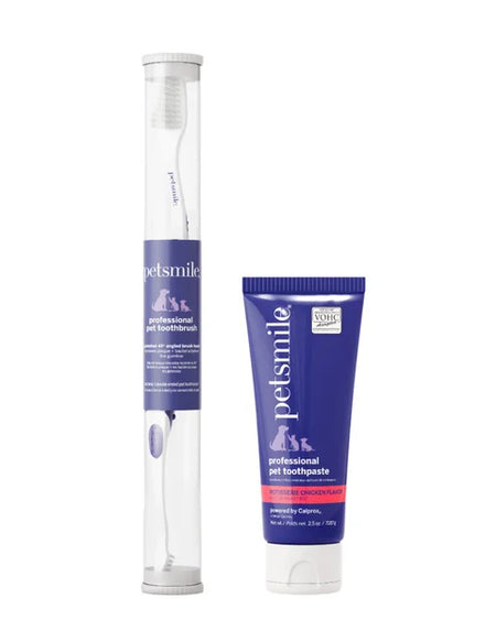 Pet smile toothbrush and tube of pet toothpaste on a white background