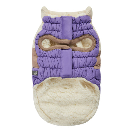 Purple and beige pet coat with a face design on a white background