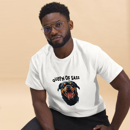 "Queen of Sass" Rottweiler Graphic T-Shirt lifestyle image with man sitting