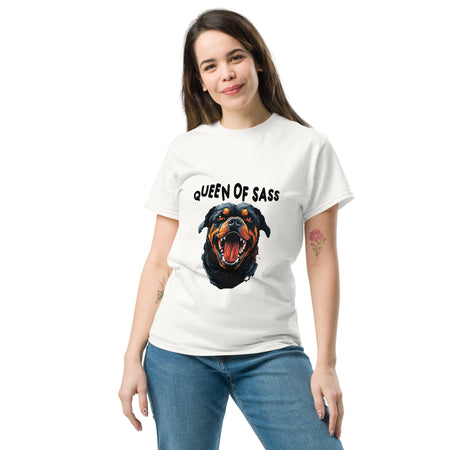 "Queen of Sass" Rottweiler Graphic T-Shirt lifestyle image with woman