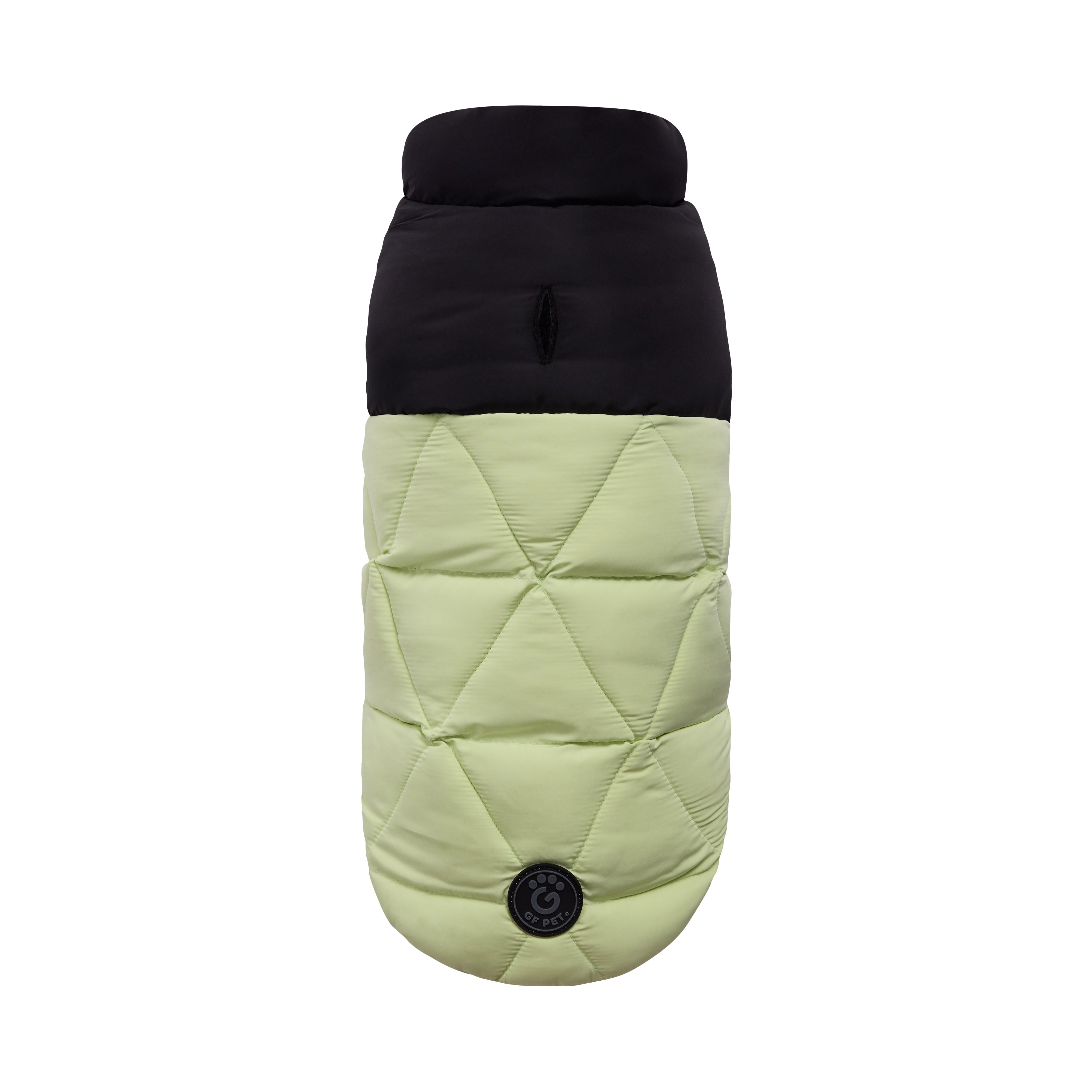 Quilted dog coat with black collar on a white background
