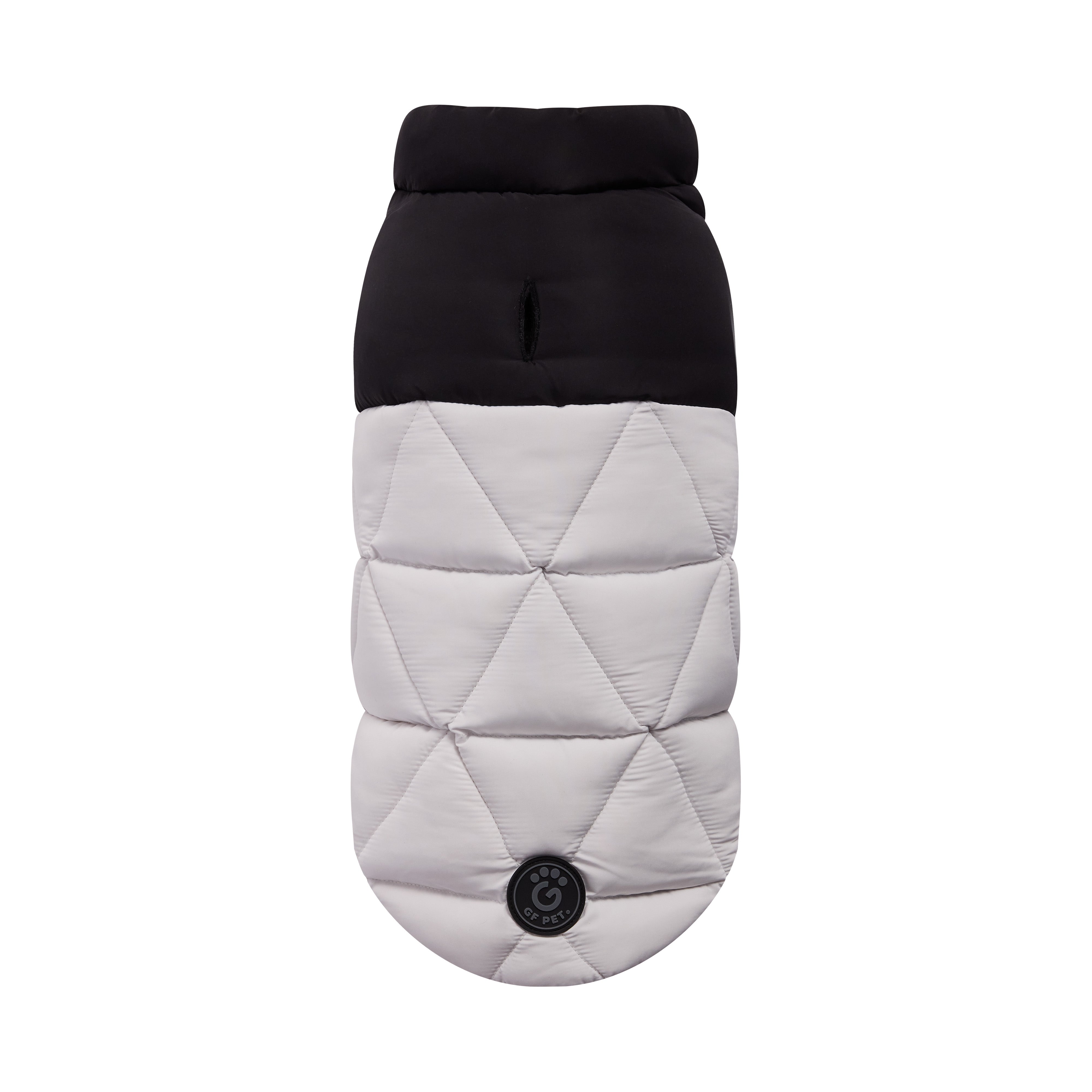 Quilted dog coat with black top and gray body on a white background