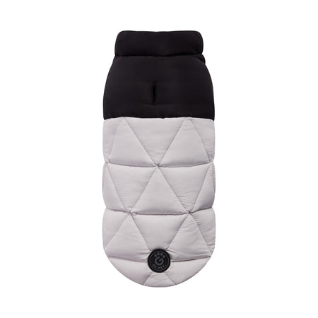 Quilted dog coat with black top and gray body on a white background