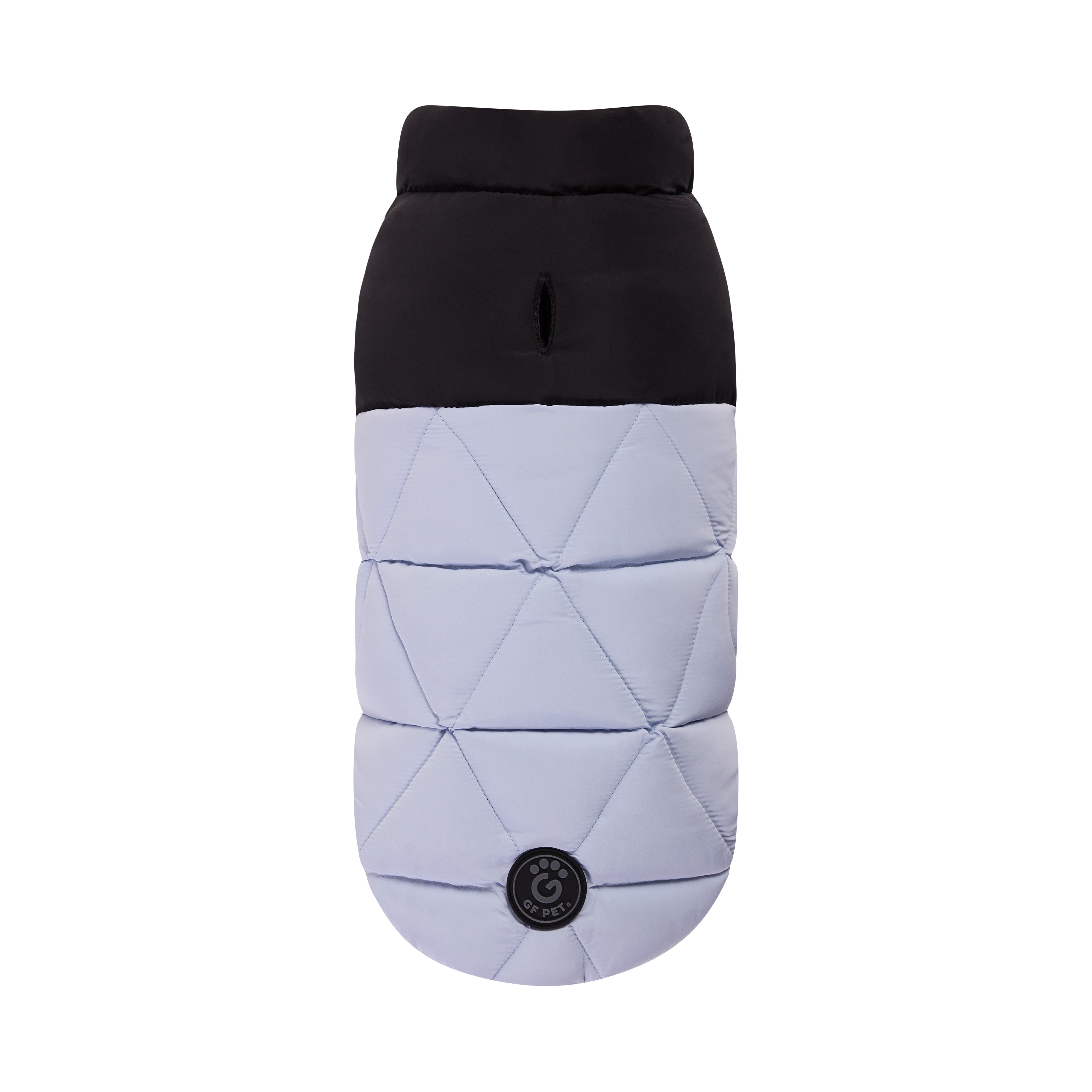 Quilted dog coat with black top and light gray bottom on a white background