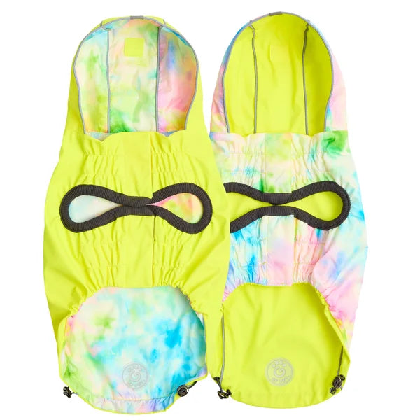 Colorful bunny-style snowsuit with tie-dye pattern on a white background