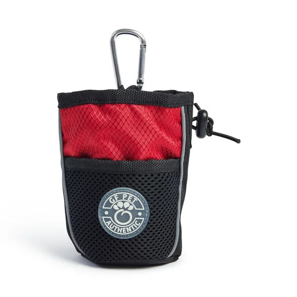 Red and black pouch with a carabiner on a white background