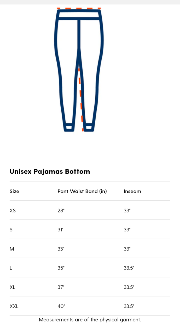Measurement chart for unisex pajama bottoms with size chart on a white background
