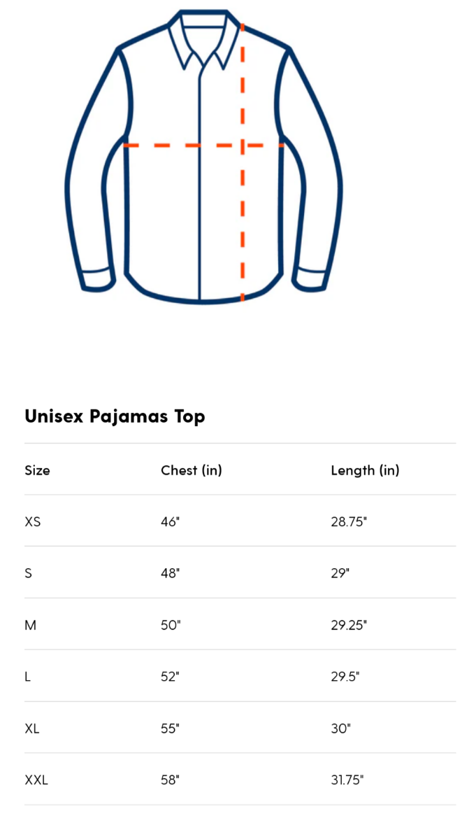 Measurement chart for a unisex pajama top with size chart on a white background
