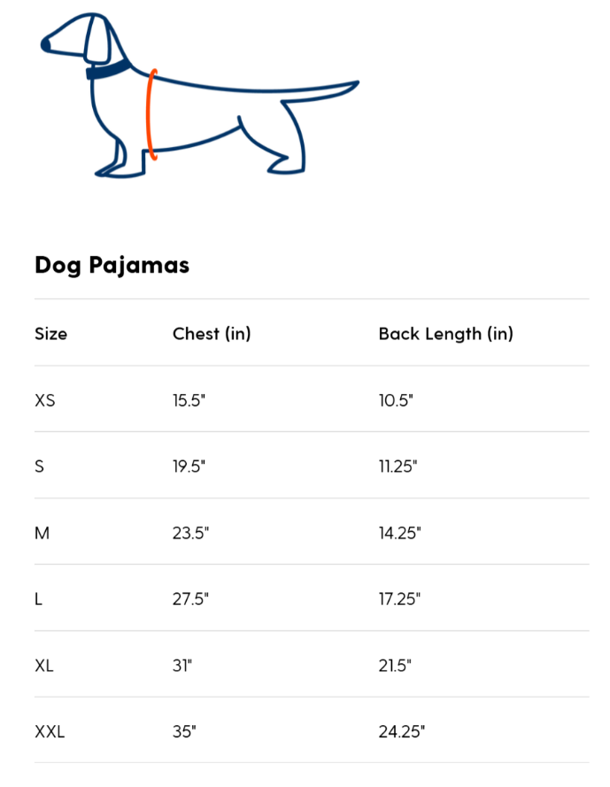 Dog pajama size chart with measurements for chest and back length.