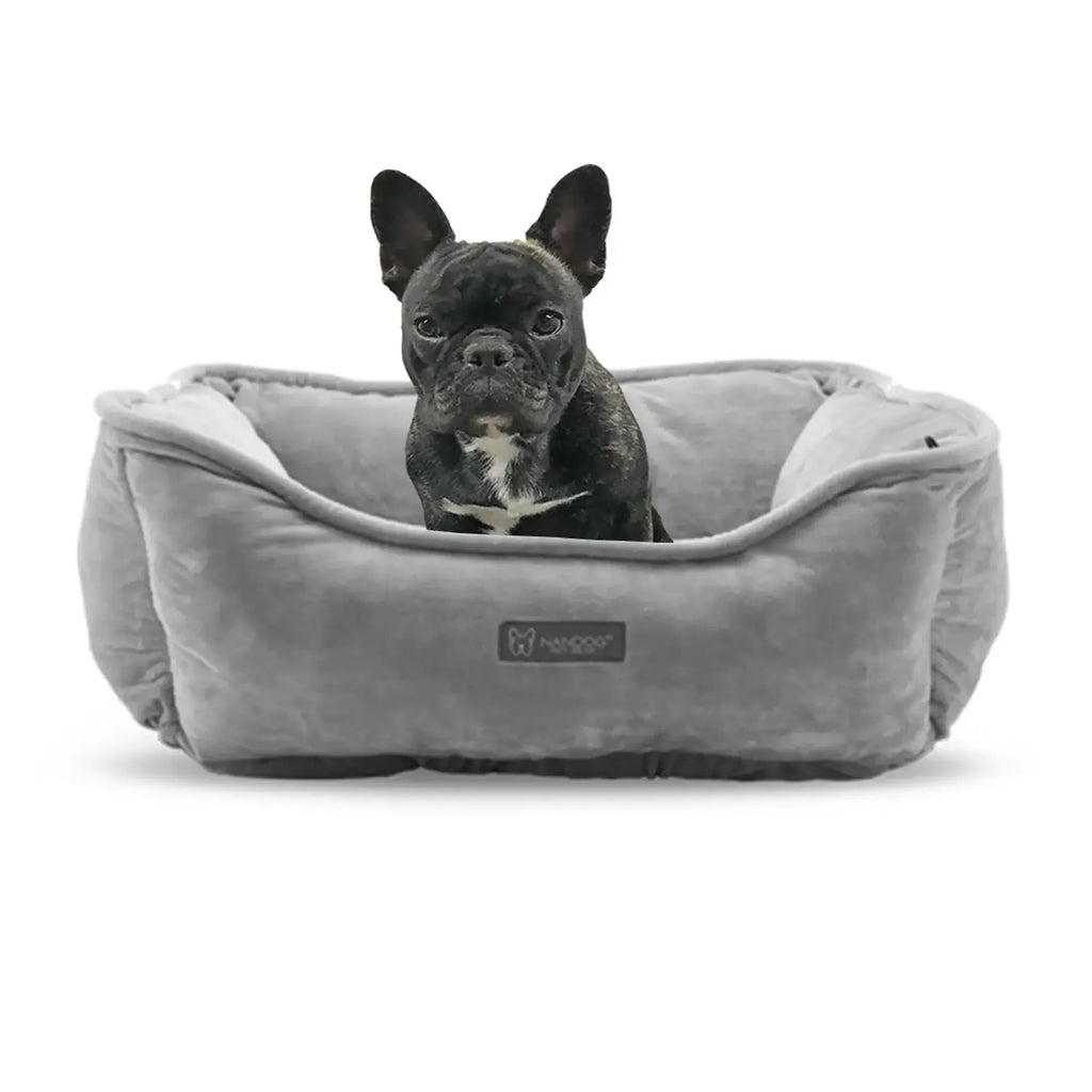 Reversible Grey Micro-Plush Fabric Dog Bed - NANDOG with dog