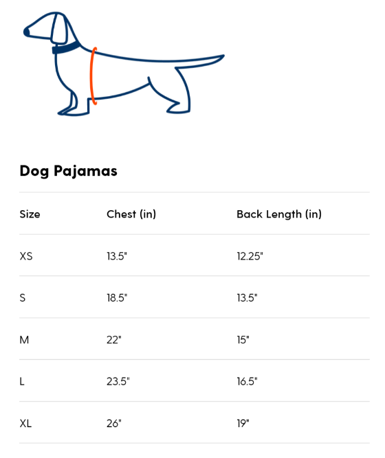 Dog pajama size chart with measurements for chest and back length.