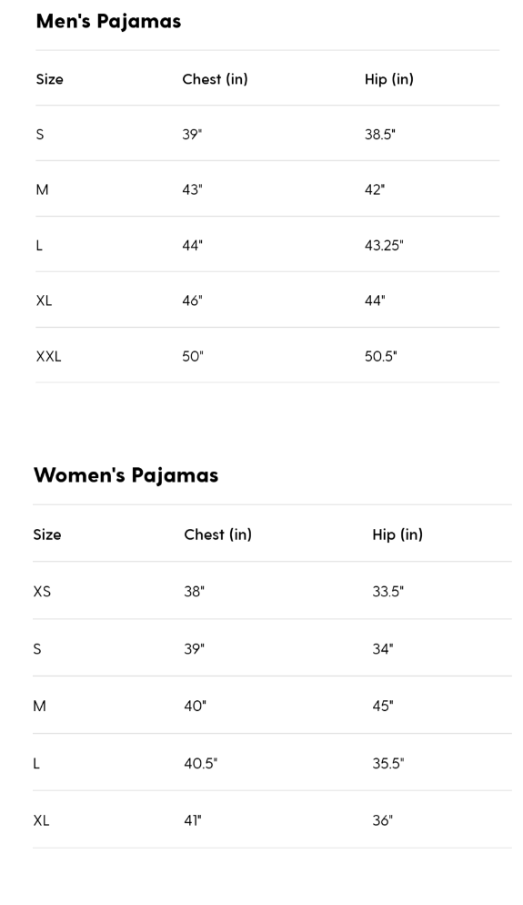 Size chart for men's and women's pajamas with chest and hip measurements.