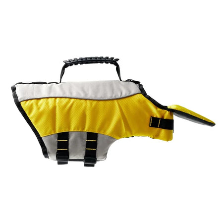 Dog life jacket with yellow front and gray sides on a white background