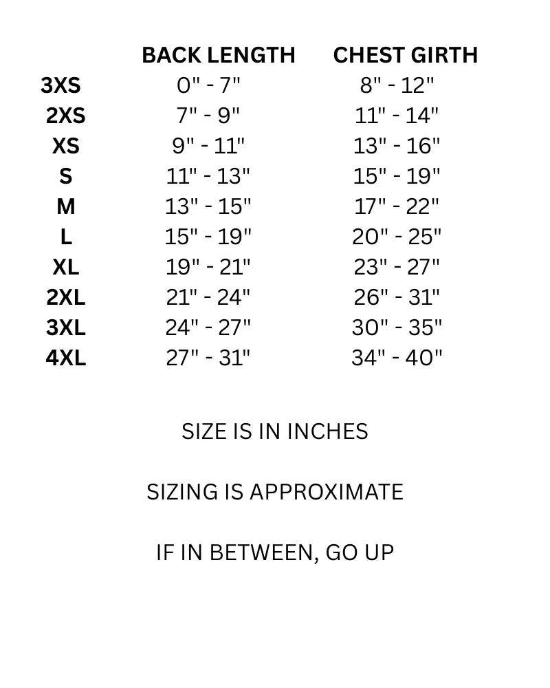 Size chart for back length and chest girth with measurements in inches.