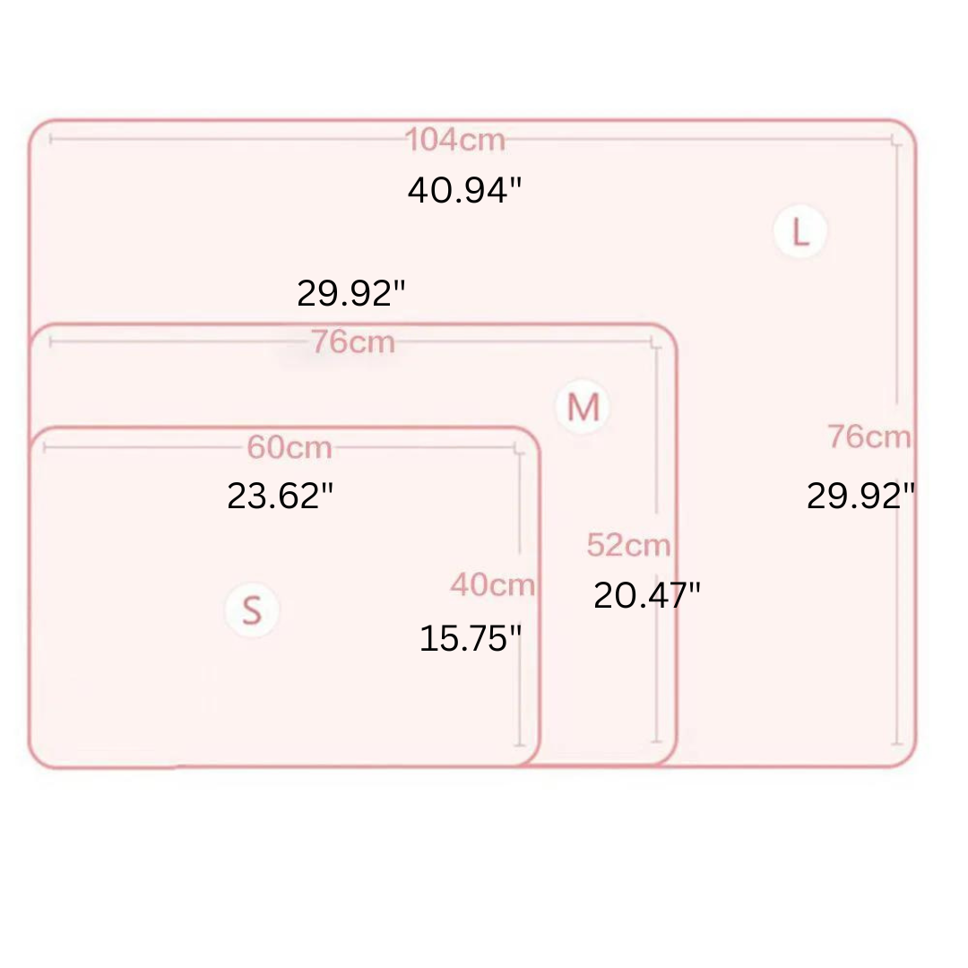 A comparison chart of three differently-sized rectangular Soft & Fluffy Cartoon Pet Blankets—warm, comfortable, and high-quality. The large blanket (L) measures 104 cm by 76 cm, the medium blanket (M) measures 76 cm by 52 cm, and the small blanket (S) measures 60 cm by 40 cm.