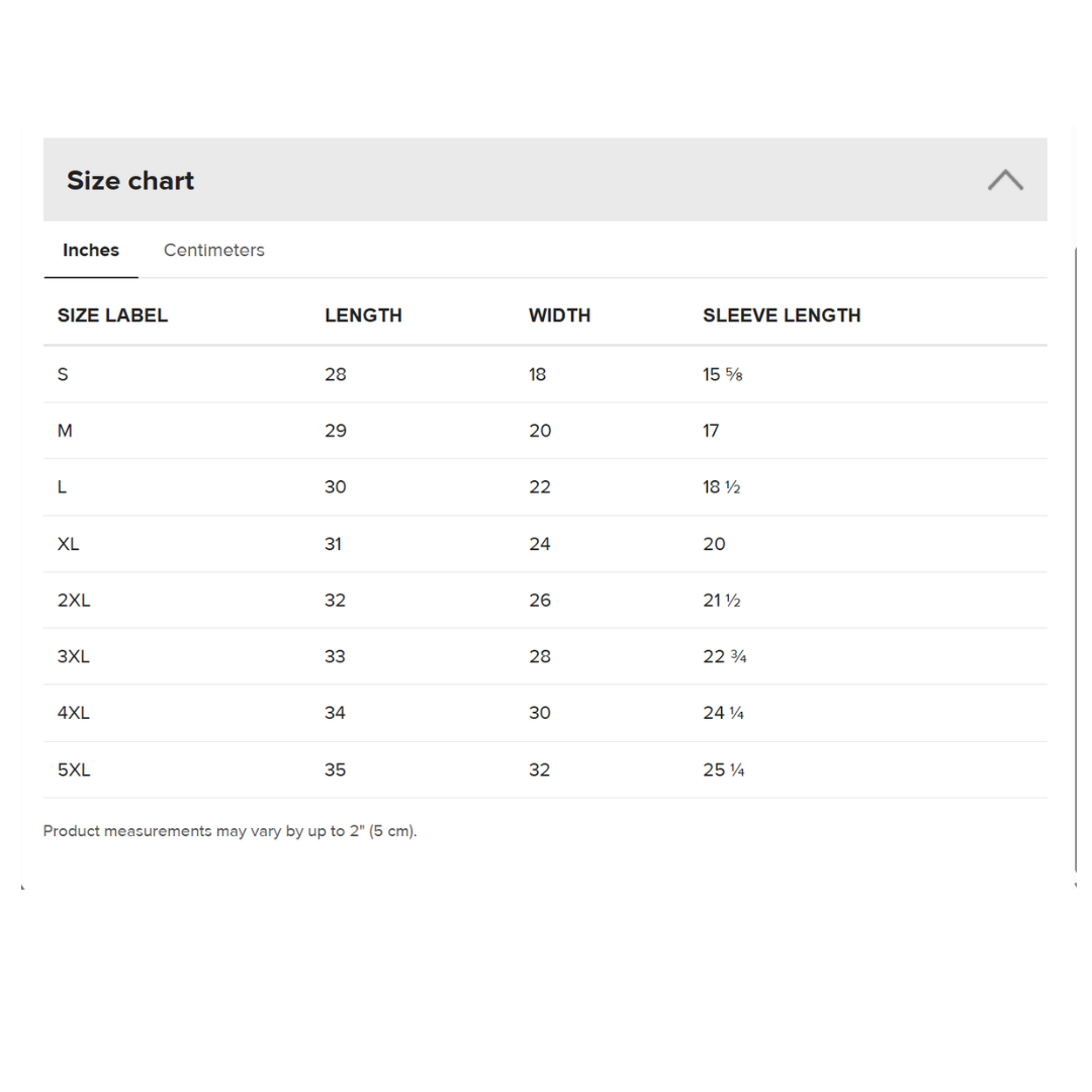 T-shirt sizing chart
