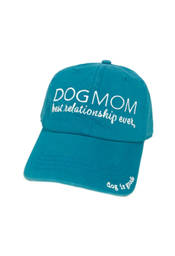 Teal cap with 'DOG MOM best relationship ever' text on a white background