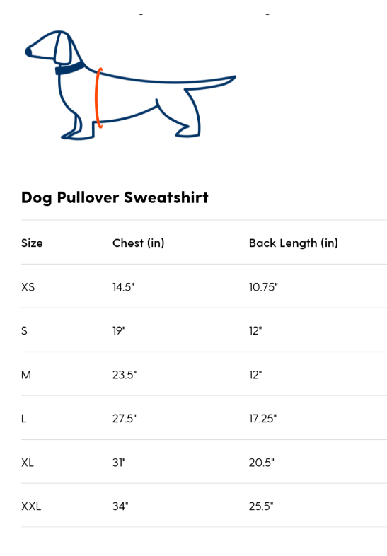 Measurement chart for dog pullover sweatshirt sizes with a dachshund illustration.