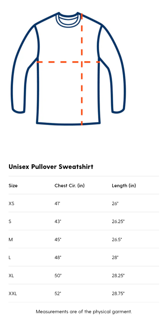 Measurement chart for unisex pullover sweatshirt sizes with chest and length dimensions.