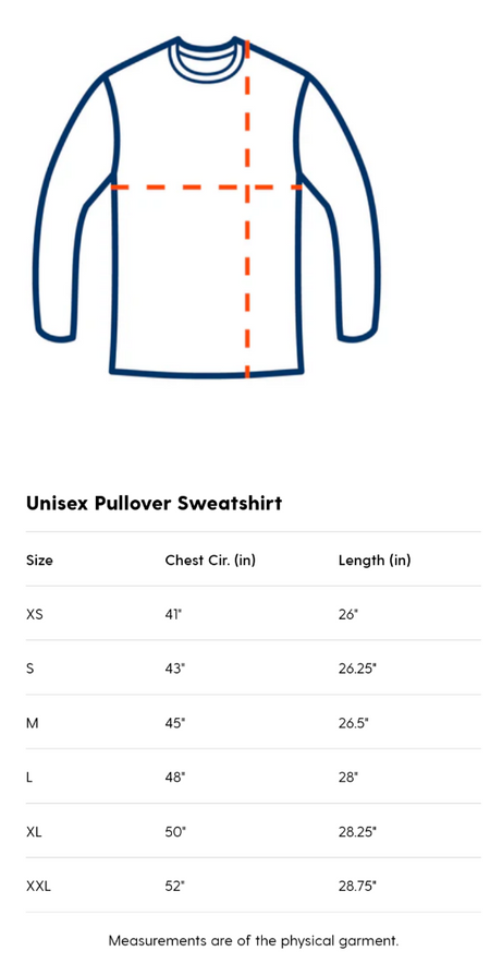 Measurement chart for unisex pullover sweatshirt sizes with chest and length dimensions.
