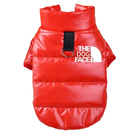 Red puffer vest with 'The Dog Face' logo on a white background
