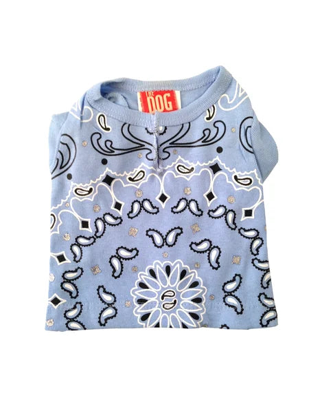 Blue bandana patterned dog shirt with 'The Dog' brand label on a white background