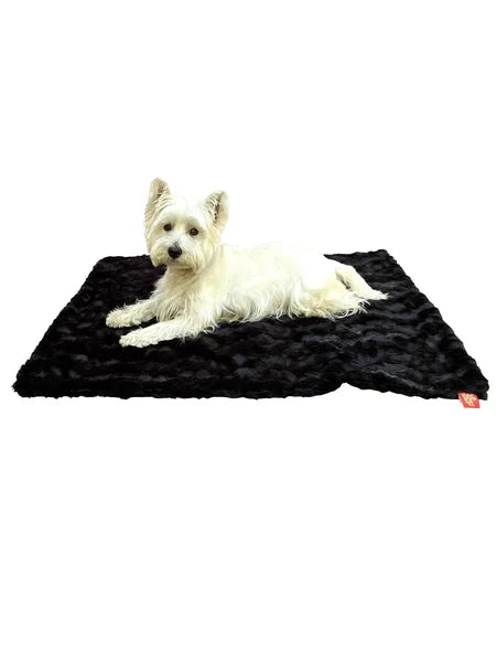 Dog lying on a black pet mat with a white background