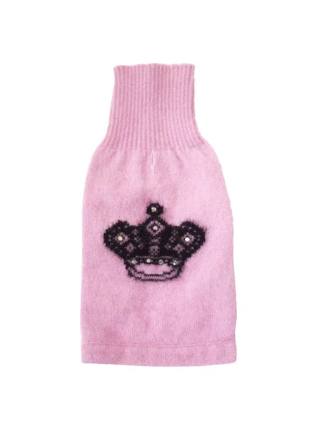 Pink knitted dog sweater with a black crown design on a white background