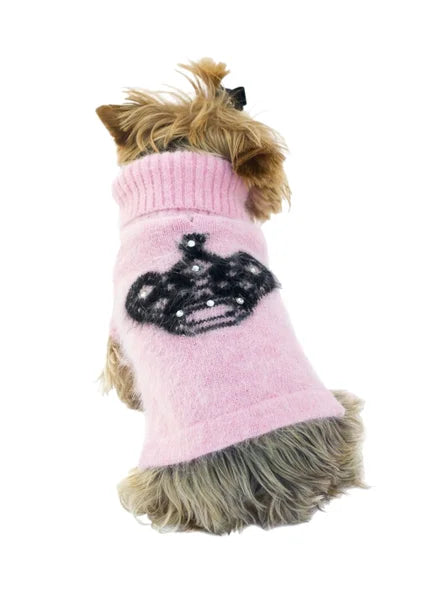 Dog wearing a pink sweater with a black design on a white background