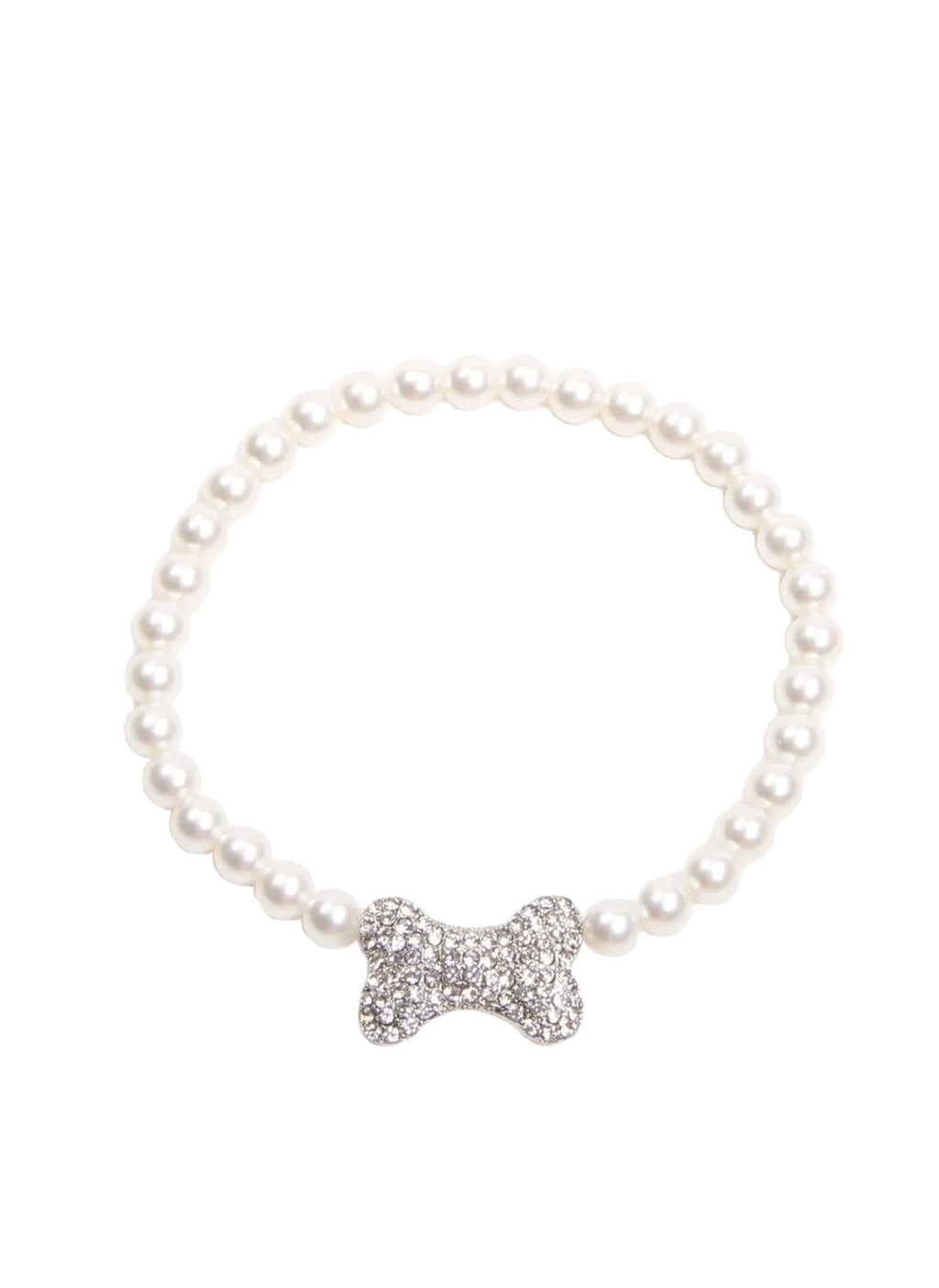 Pearl bracelet with a silver bone-shaped charm on a white background