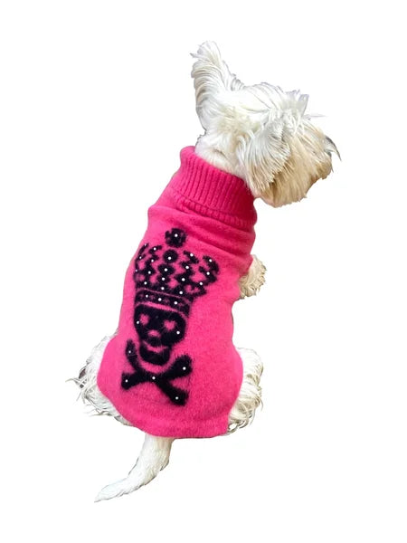 Dog wearing a pink sweater with a black skull and crown design on a white background