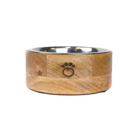 Wooden pet bowl with metal rim on a white background