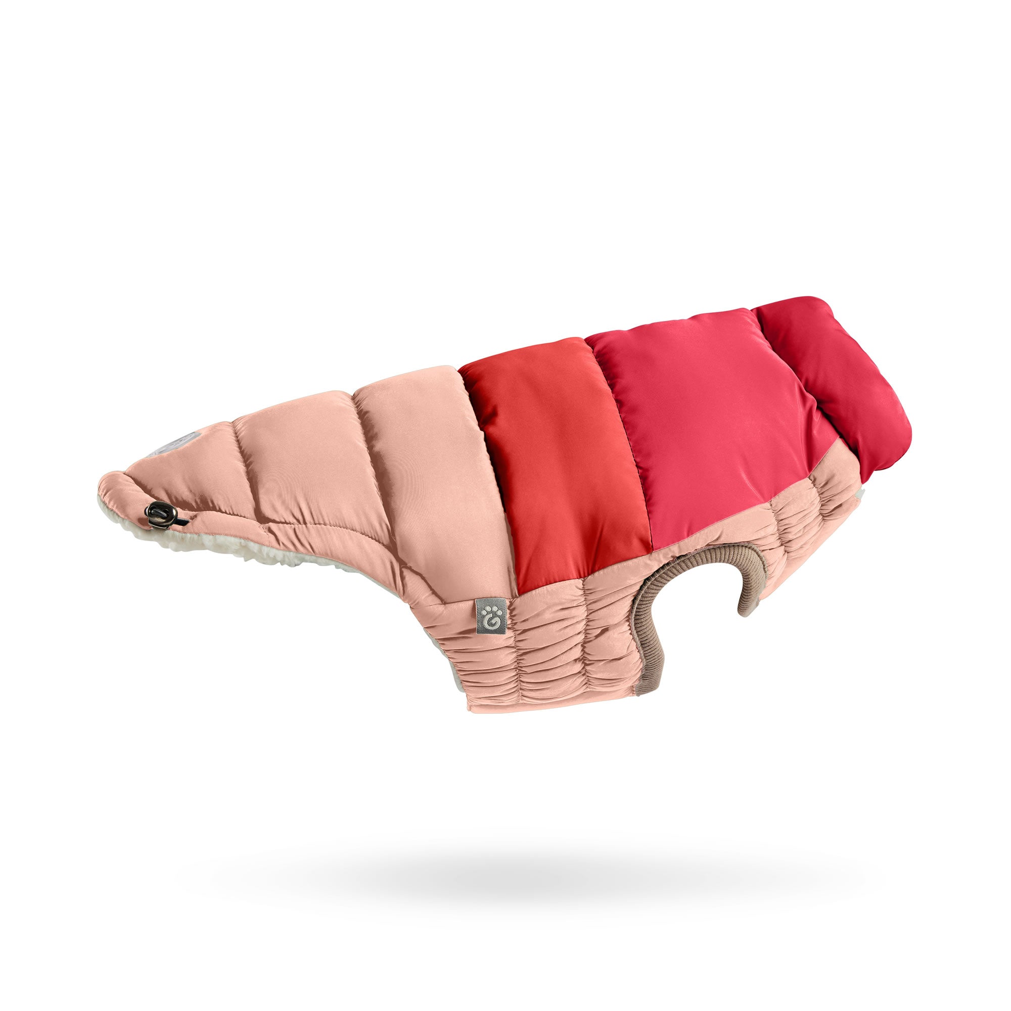 Two-tone pink and red dog coat on a white background