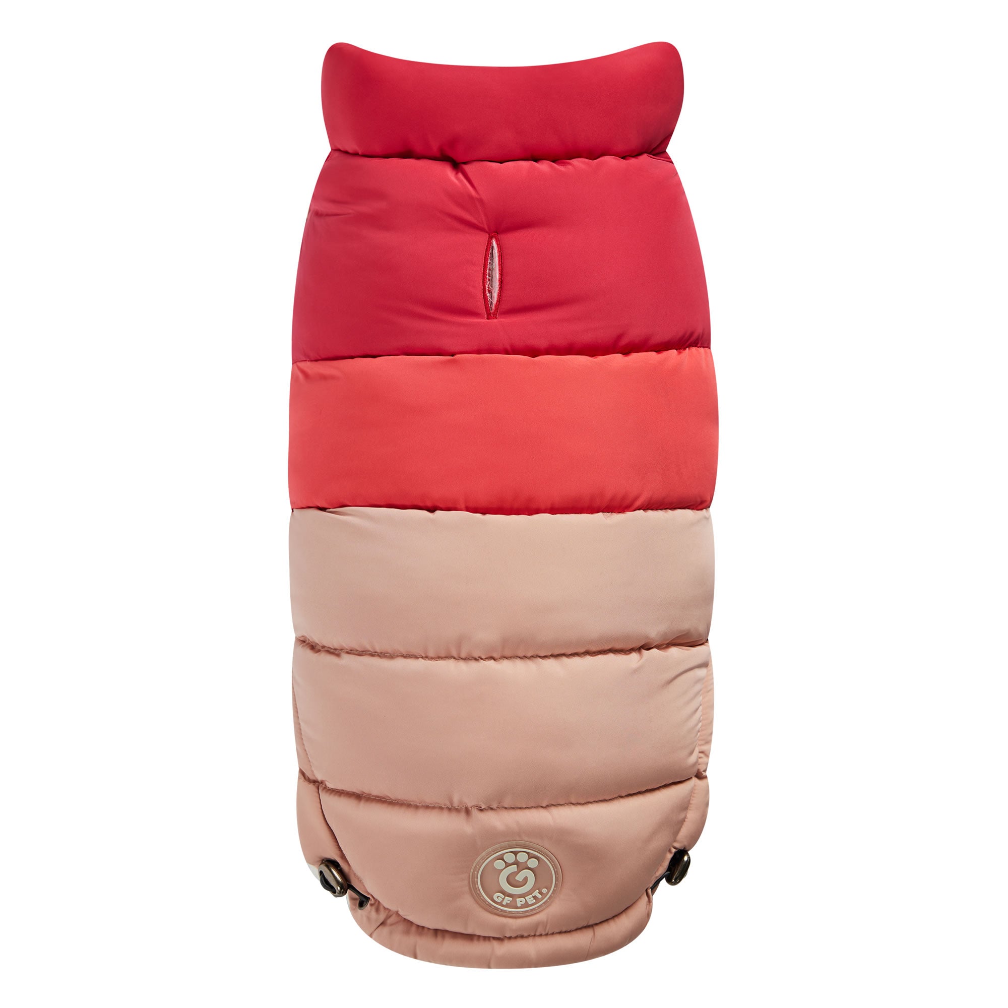 Two-tone red and beige puffer dog coat on a white background