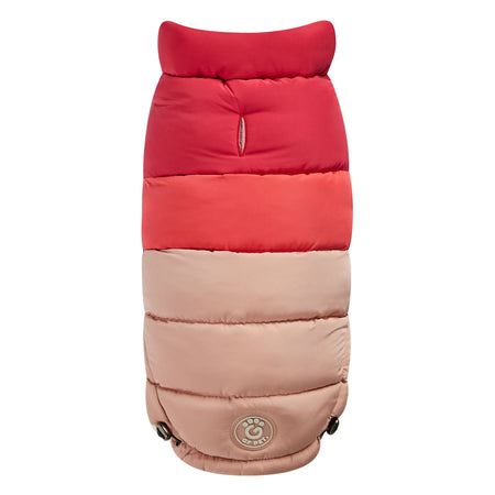 Two-tone red and beige puffer dog coat on a white background