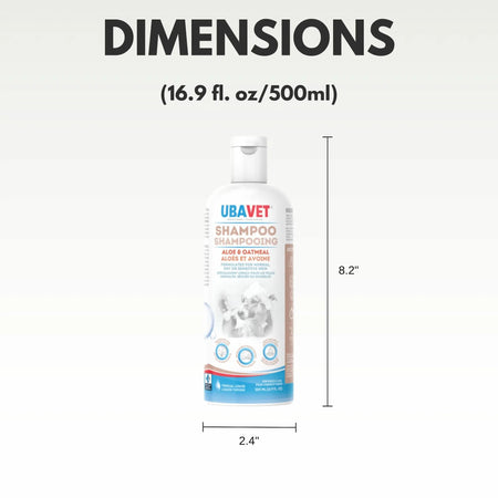 UBAVET shampoo bottle with dimensions labeled on a white background