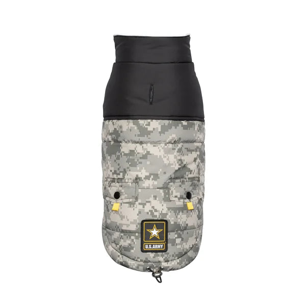 Camouflage dog coat with black top and U.S. Army logo on a white background