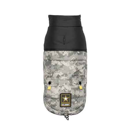 Camouflage dog coat with black top and U.S. Army logo on a white background