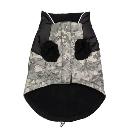 Camouflage dog coat with black accents on a white background