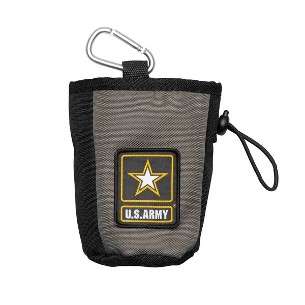 Gray pouch with U.S. Army logo and carabiner on a white background
